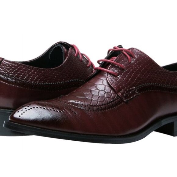 Santimon Men's US 7 - 11 Red Derby Crocodile Pattern Pointed Toe Brogue Shoes - Picture 9 of 12